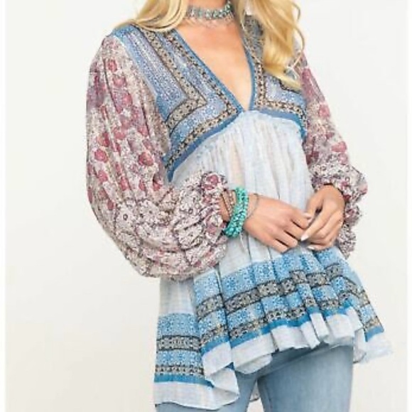 Free people sheer Aliyah Printed Tunic long sleeve boho vneck shimmer Casual top - Picture 1 of 12